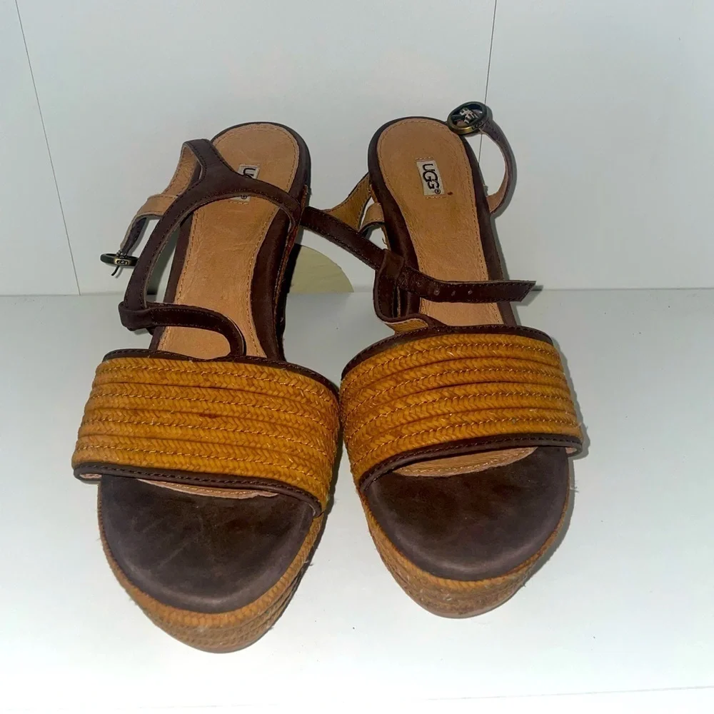 Ugg edges woven wedges brown summer wedges ankle strap heels